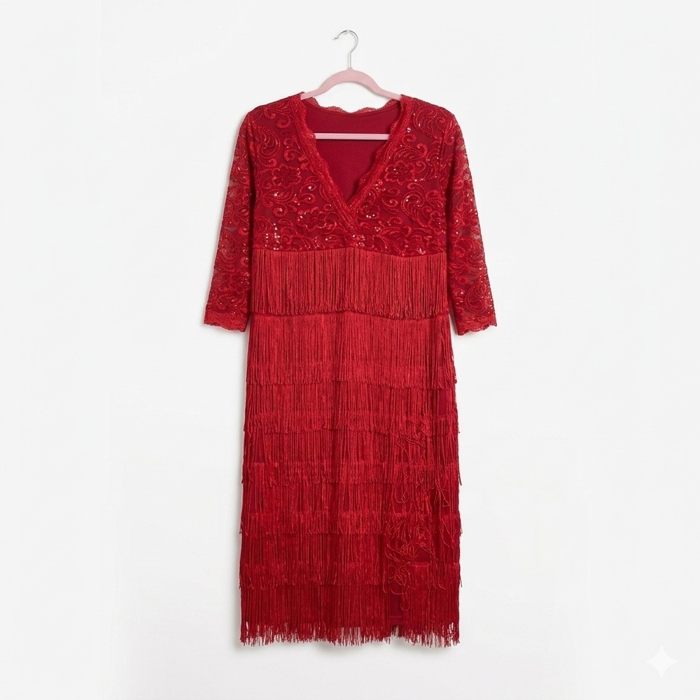 Red Lace & Sequin Fringe Flapper Dress - V-Neck 3/4 Sleeve Midi 2XL